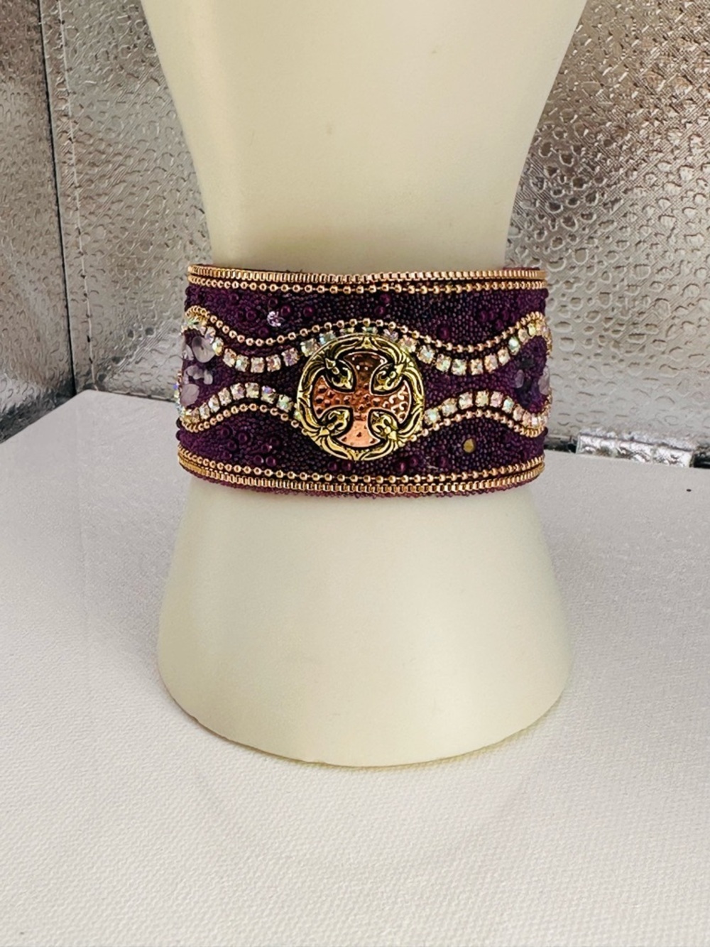 Purple & Gold Boho Cuff Bracelet & Celtic Cross 18m Ginger Snap Jewelry Magnetic